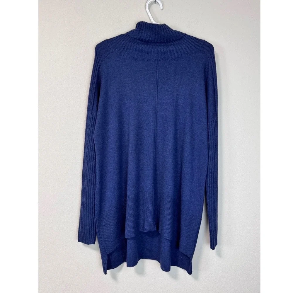 Soft Surroundings Blue Ribbed Cowl Neck‎ Tunic Sweater Knit Top Women's Size L